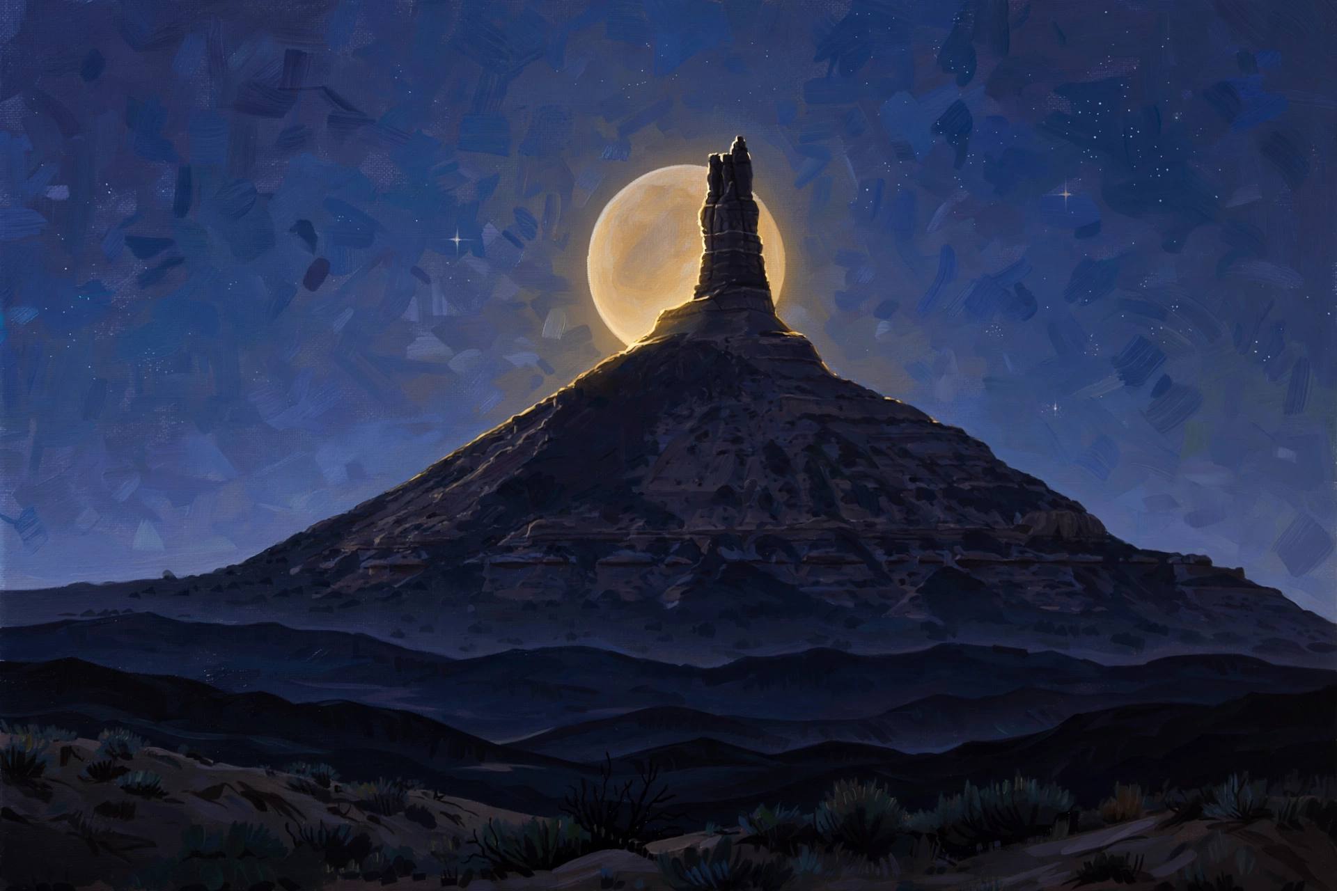 Sandstone butte silhouetted at night under a pale gold moon